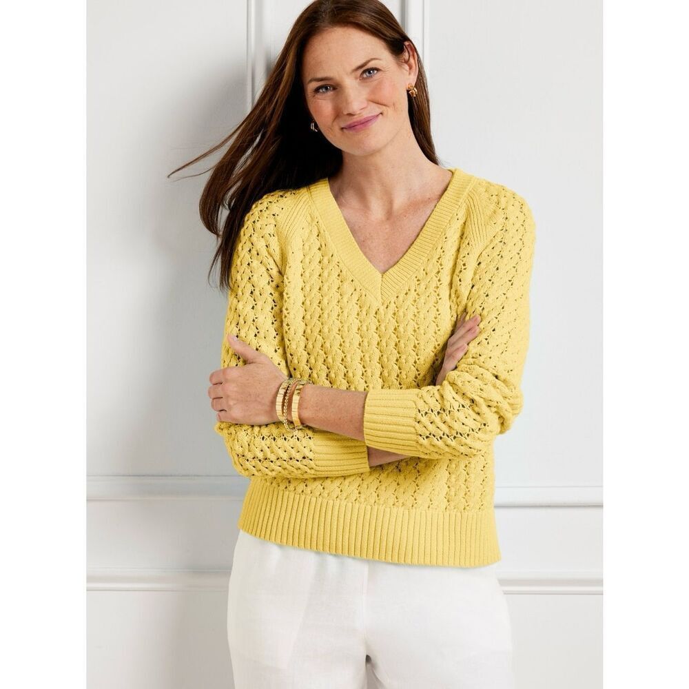 Talbots Yellow Cable Knit V Neck Sweater 100% Cotton Long Sleeve Pullover